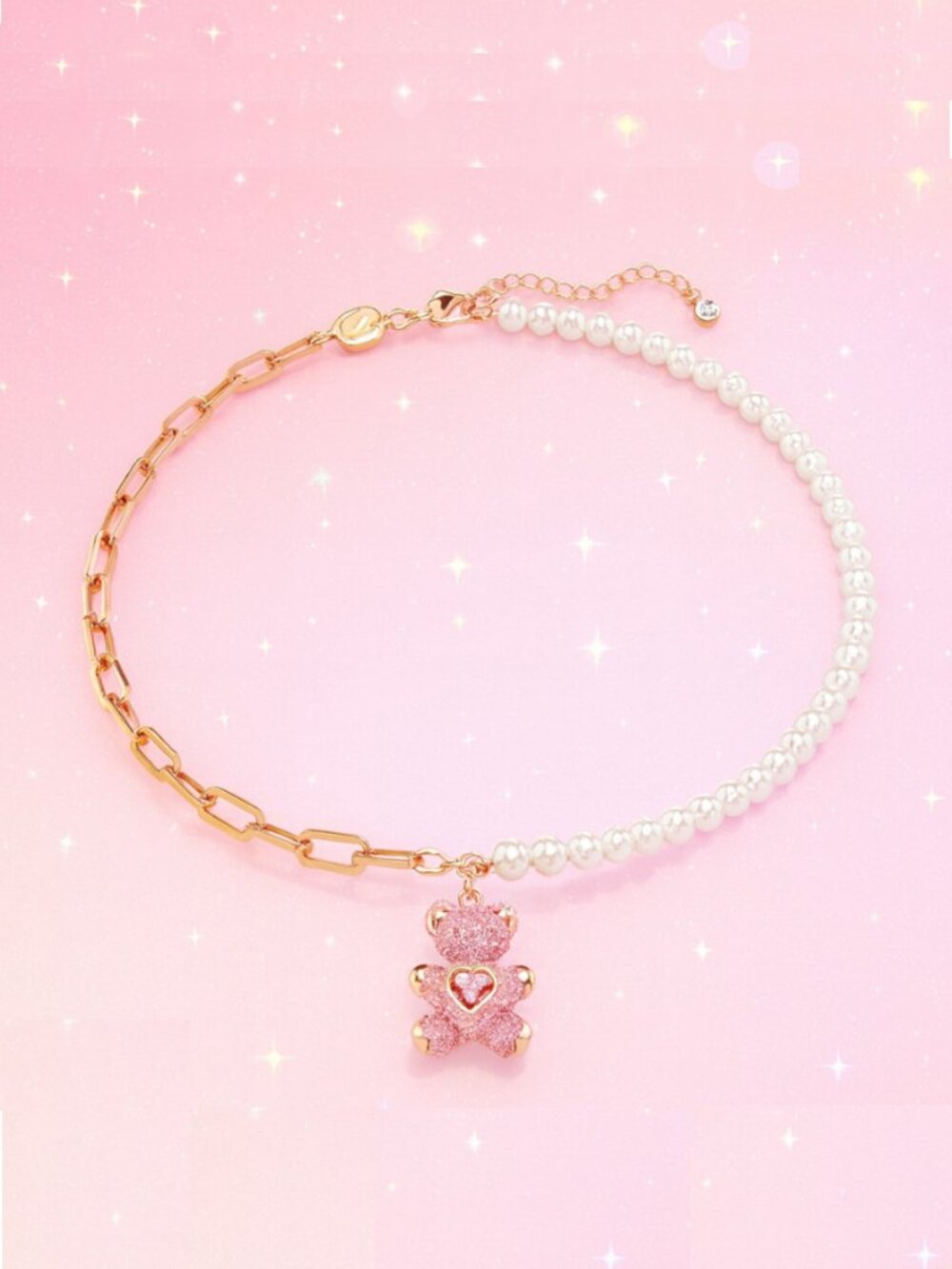 Swarovski Crystal Teddy Bear Pendant Necklace – Pearl & Rose Gold Chain New